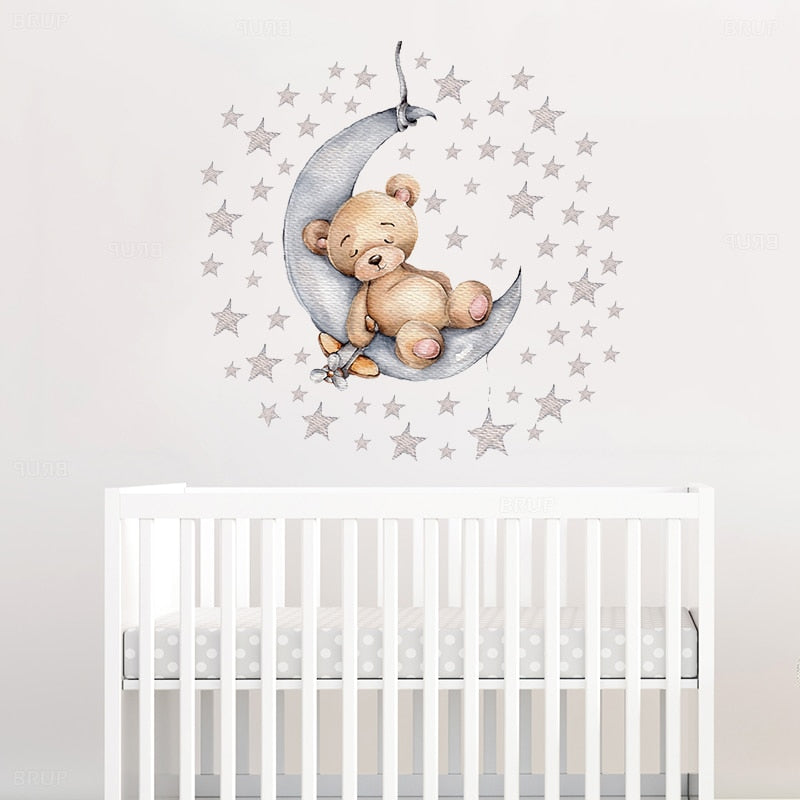 Teddy Bear and Elephant on the Moon and Stars Wall Stickers