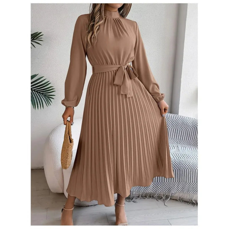 Long Sleeved Waist Cinched Pleated Long Skirt