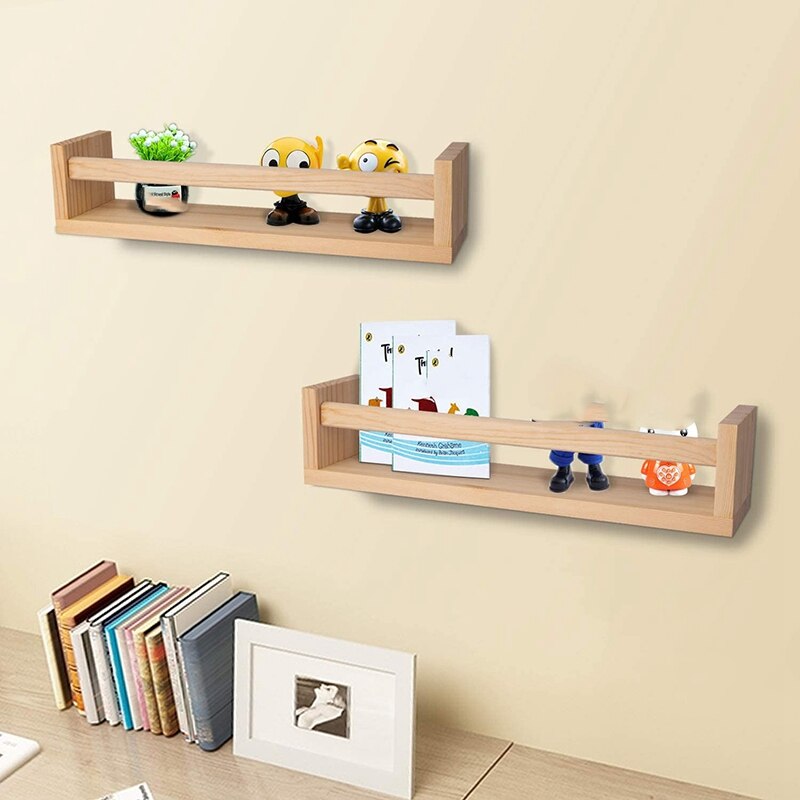 2Pcs Natural Wood Floating Wall Bookshelf