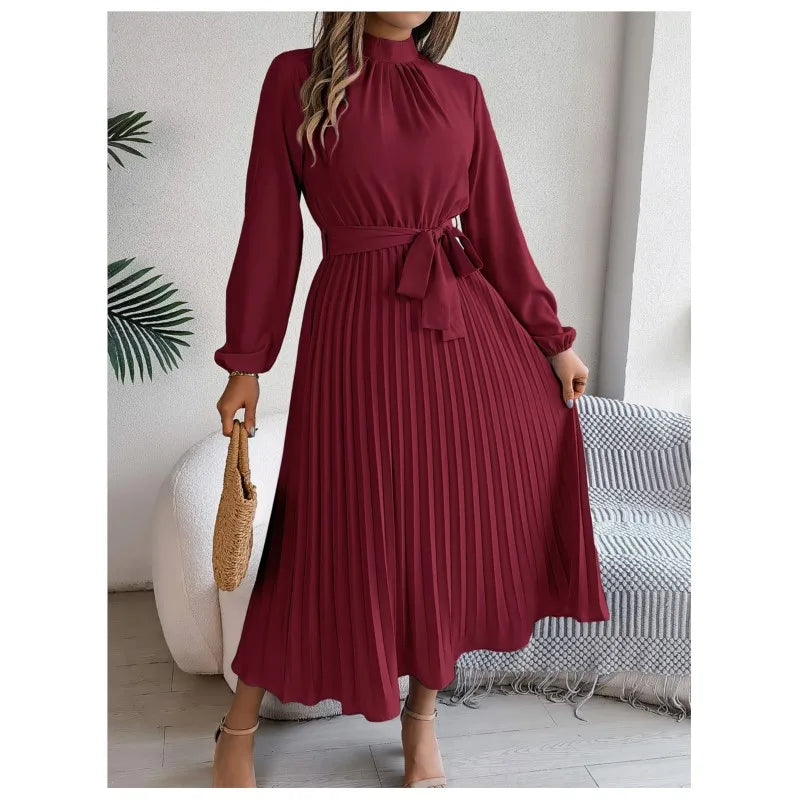 Long Sleeved Waist Cinched Pleated Long Skirt