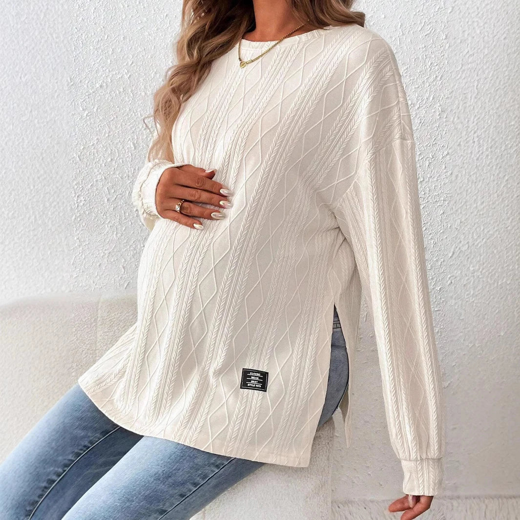 Round Neck Long Sleeve Monochrome Pullover For Pregnant