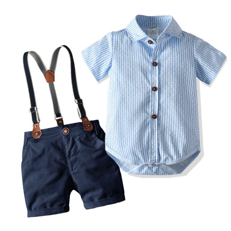 Soft Cotton Solid Romper, Pants and Suspenders Toddler Set