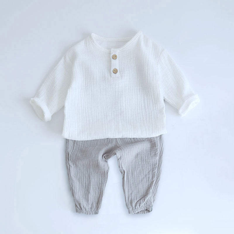 2PCS Spring Baby Boy Clothes Sets 0-4Y Toddler Kids Muslin Organic Cotton Long Sleeve T-shirt + Loose Pants Children Outfits