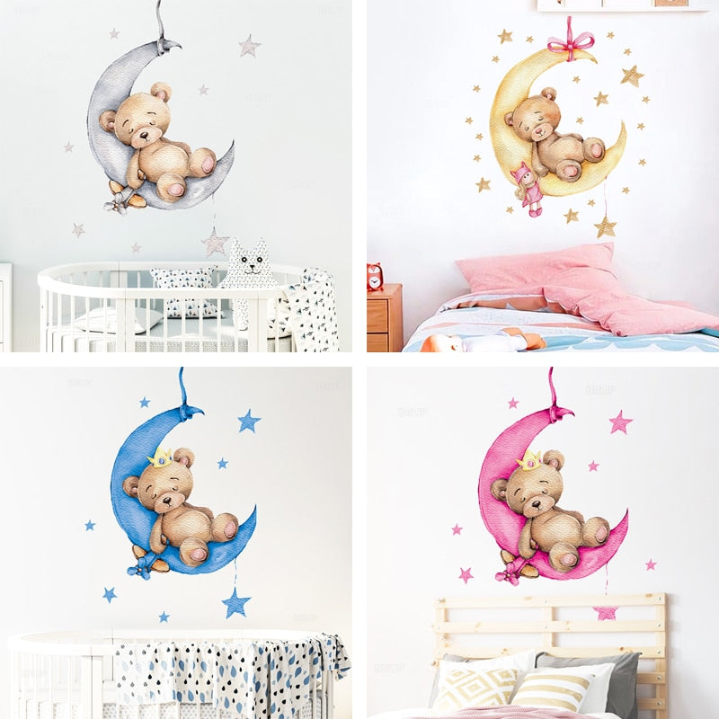 Teddy Bear and Elephant on the Moon and Stars Wall Stickers