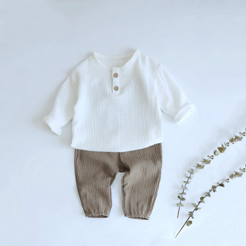 2PCS Spring Baby Boy Clothes Sets 0-4Y Toddler Kids Muslin Organic Cotton Long Sleeve T-shirt + Loose Pants Children Outfits