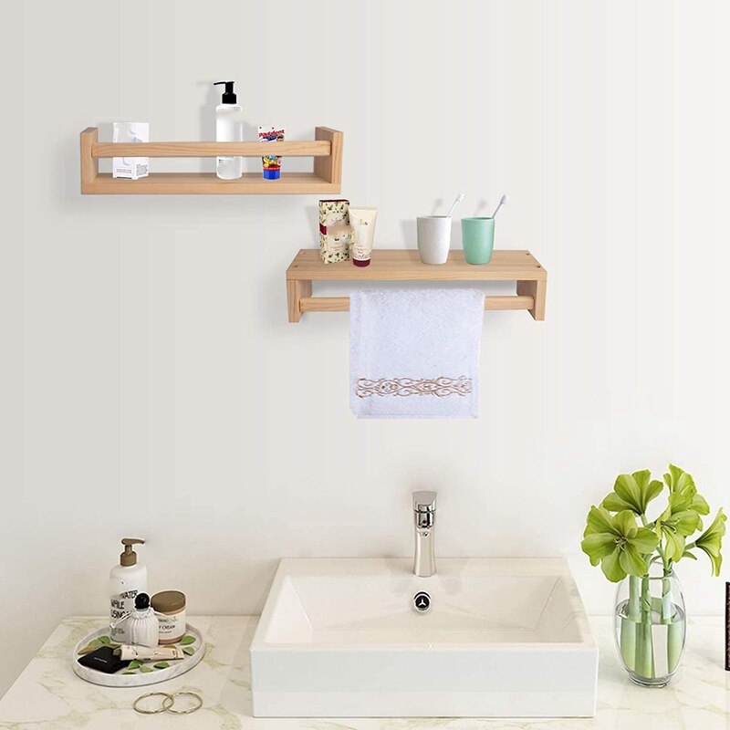 2Pcs Natural Wood Floating Wall Bookshelf