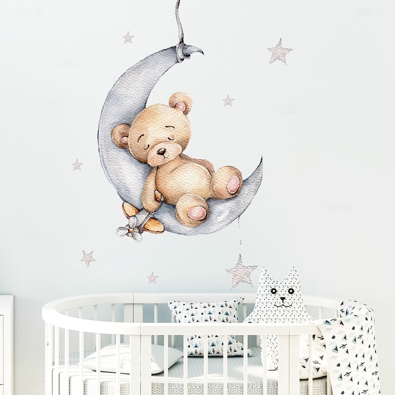 Teddy Bear and Elephant on the Moon and Stars Wall Stickers